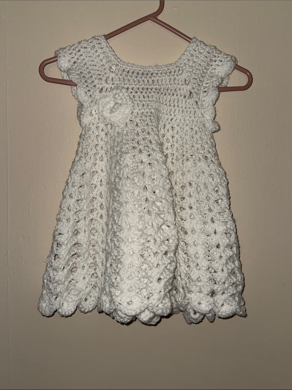 Hand Crafted White Crochet Toddler Dress with Flower Accent